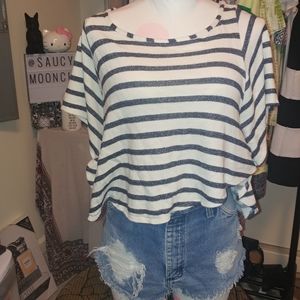 Bjewel | Ivory Navy. Stripe Batwing Knit Sweater Round Hem Crop Top Medium